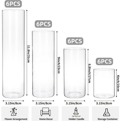 Glass Cylinder Vases Set 12 or 24pcs Clear Tall Flower Vase Candle Holder 4 Sizes for Wedding Centerpieces Home Decor Party Table Decoration DIY Candle Making