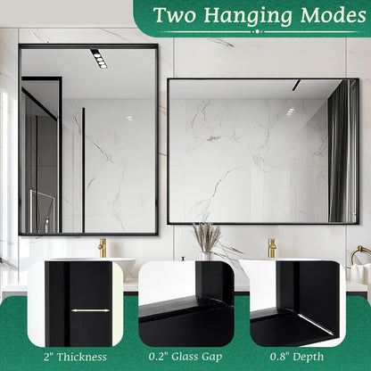 Bathroom Vanity Mirror Wall Mounted Metal Frame Rectangle – Anti-Rust Farmhouse Mirror in Matte Black, Gold & Silver, Multiple Sizes, Horizontal or Vertical Hang