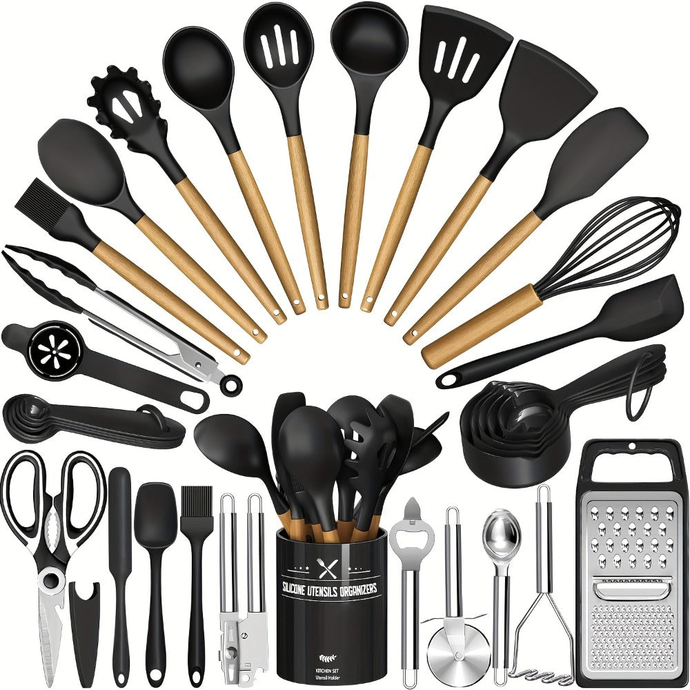 Silicone Kitchen Utensils Set 34-Piece with Holder – Heat Resistant Cooking Spatula Tools for Nonstick Cookware | Wooden Handle Kitchen Gadgets | Father's Day & Housewarming Gift