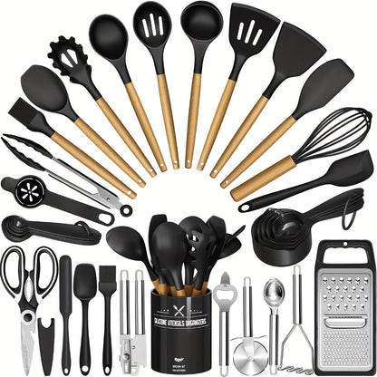 Silicone Kitchen Utensils Set 34-Piece with Holder – Heat Resistant Cooking Spatula Tools for Nonstick Cookware | Wooden Handle Kitchen Gadgets | Father's Day & Housewarming Gift