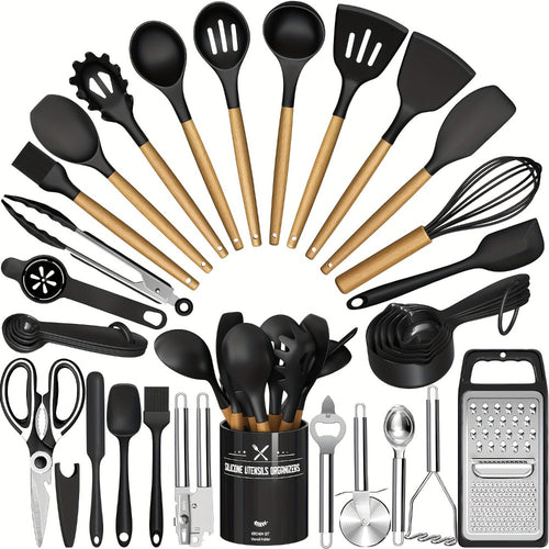 Silicone Kitchen Utensils Set 34-Piece with Holder – Heat Resistant Cooking Spatula Tools for Nonstick Cookware | Wooden Handle Kitchen Gadgets | Father's Day & Housewarming Gift