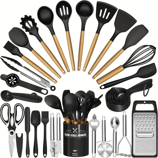 Silicone Kitchen Utensils Set 34-Piece with Holder – Heat Resistant Cooking Spatula Tools for Nonstick Cookware | Wooden Handle Kitchen Gadgets | Father's Day & Housewarming Gift