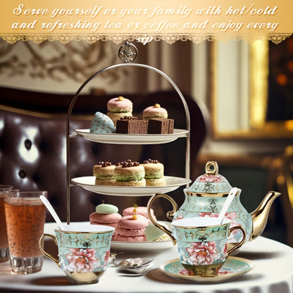 European Floral Ceramic Tea Set 20 Pcs – Italian Style Afternoon Tea Set with Metal Stand – Blooming Pattern Teapot & Cups – Elegant Gift for Tea Lovers & Special Occasions – Golden