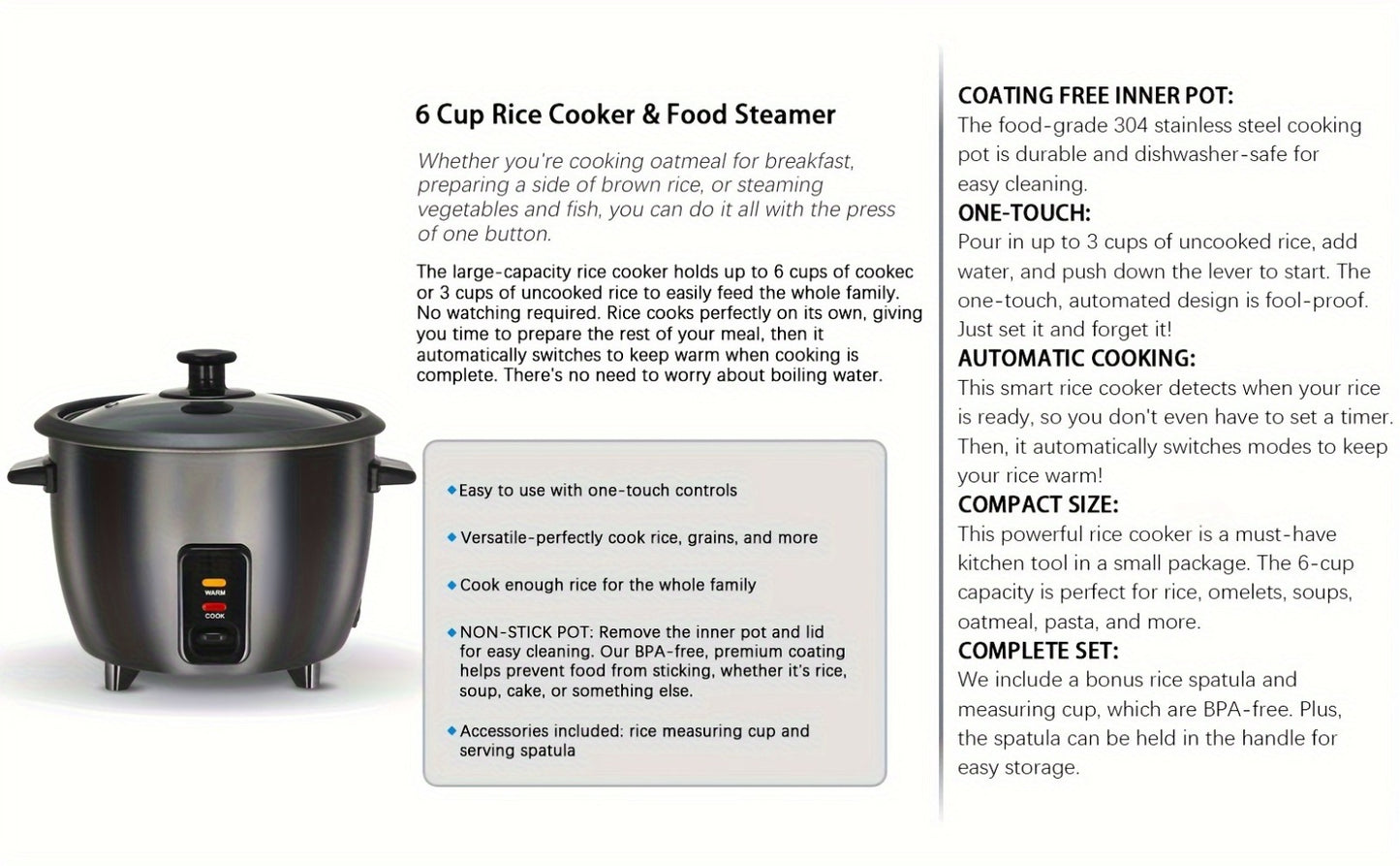 Rice Cooker & Yogurt Maker 1.5Qt – 6-Cup Non-Stick Electric Rice Cooker with Auto Keep Warm, One-Touch, Stainless Steel Liner, Steamer for Rice, Oatmeal, Soup & Yogurt