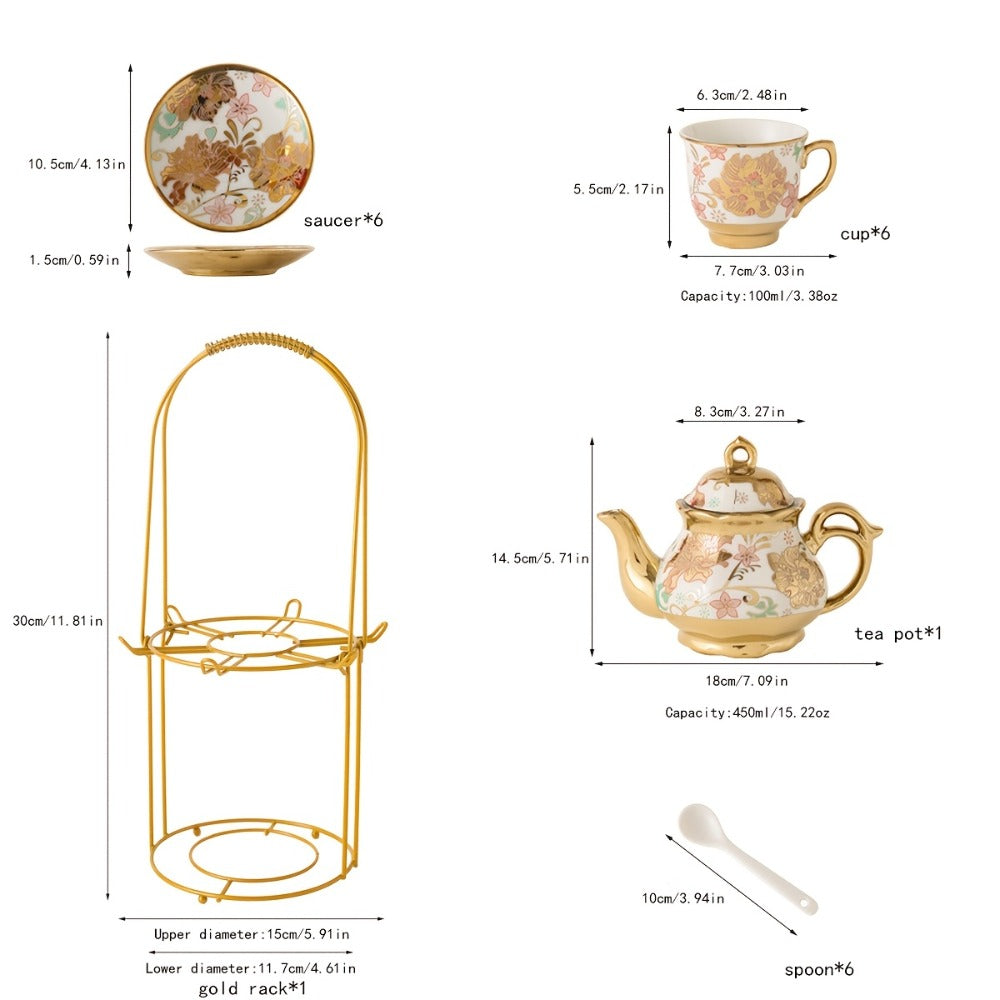20-Piece Floral Ceramic Tea Set with Saucers & Metal Stand | European Afternoon Tea Service, Blooming Design, Complete Tea Accessories, Gift for Tea Lovers