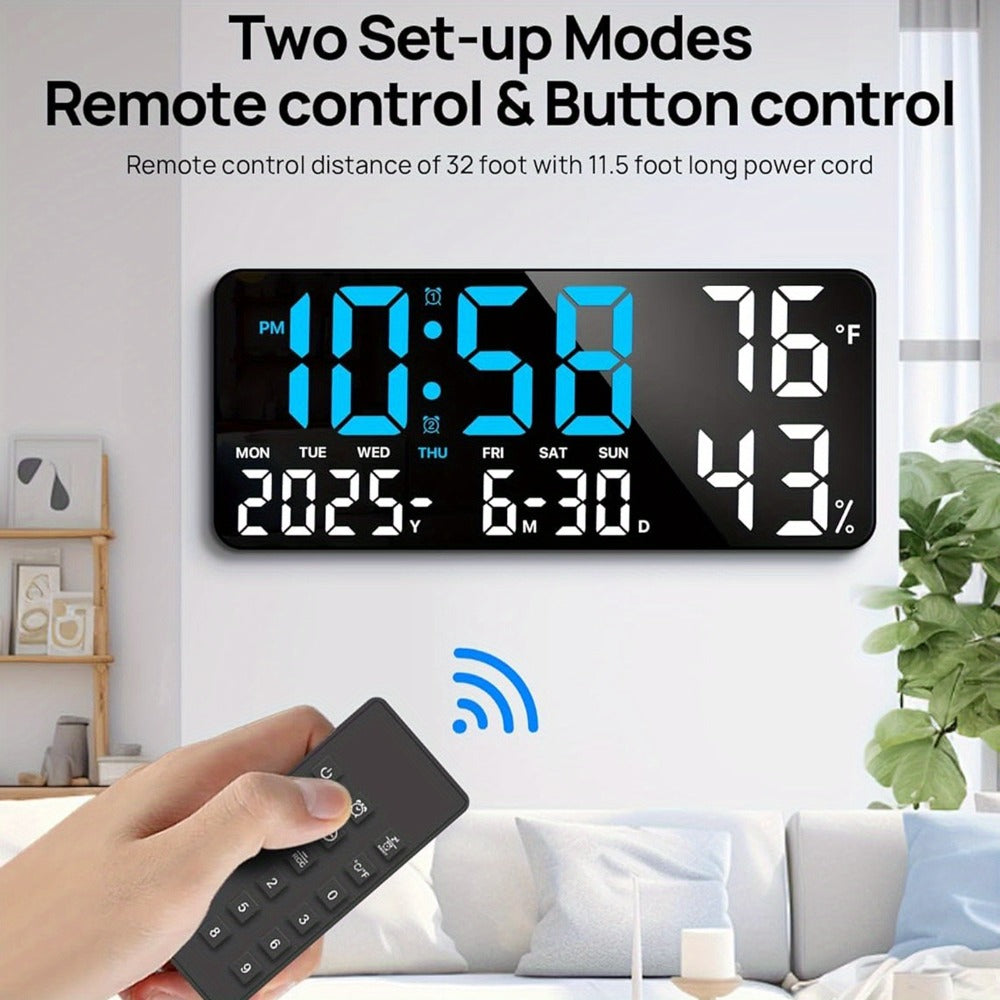 Large Digital Wall Clock with Remote Control – 14.6" LED Display Dual Alarm Clock with Night Light, Temperature, Humidity, Date & Week – RGB Color-Changing Bedroom & Living Room Clock Gift for Elderly