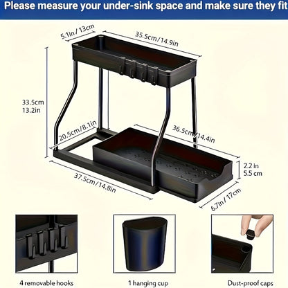 Under Sink Organizer 2-Tier Sliding Cabinet Basket with Hooks – Adjustable Bathroom Kitchen Shelf Storage Rack for Cabinets