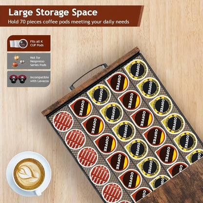 Coffee Pod Holder and Mug Rack - K Cup Capsule Organizer 70 Capacity Single Double Layer Coffee Machine Stand Countertop Storage | Rustic Brown | Kitchen Coffee Bar Organizer Gift