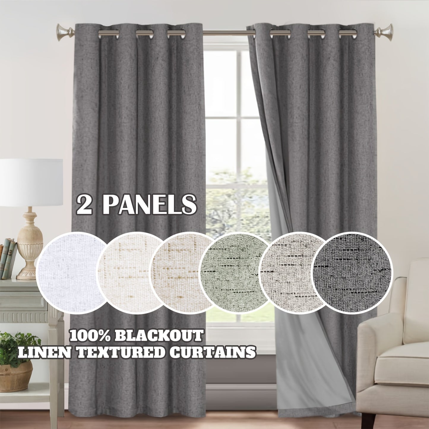 Blackout Curtains 2 Panels 100% Blackout Linen Textured Thermal Insulated Grommet Window Drapes Noise Reducing for Bedroom Living Room Hall - Full Light Blocking Room Darkening Curtains