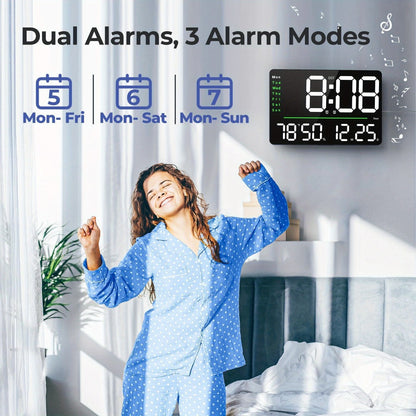 Digital Wall Clock 16 Inch LED with Remote Control – Large Display Shows Time, Date, Day of Week & Indoor Temperature, Modern Decor for Bedroom, Living Room, Office, Gym & Garage (White)