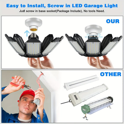 LED Garage Lights 25000LM Deformable – 250W Equivalent E26/E27 Screw-In Ceiling Shop Light with 6+1 / 8+1 Adjustable Panels for Garage, Basement, Attic & Warehouse (1, 2 or 4-Pack)