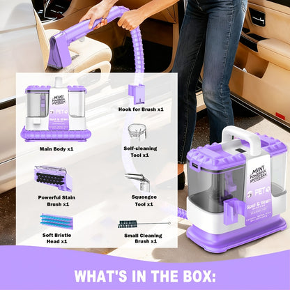 Portable Carpet Cleaner 25Kpa Upholstery Cleaner Machine with Dual Brush Heads Self-Cleaning Pet Stain Remover for Sofa Couch Car Seat Rug Mattress Spot Cleaner