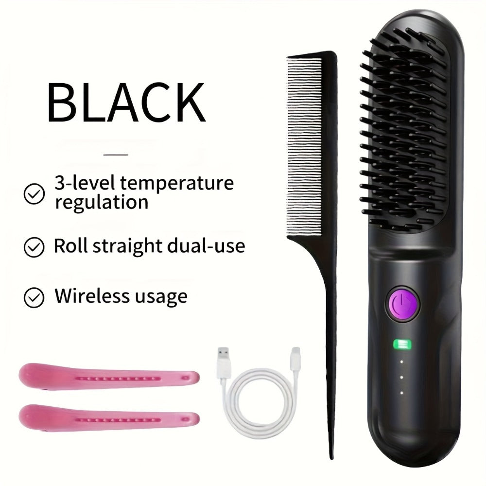 Wireless Hair Straightener Comb - Portable Cordless Straightening Brush with 3-Min Fast Heat, 3 Temp Settings 170-190°C, Negative Ion Technology, 3D Comb Design, Lightweight Travel Hair Straightener
