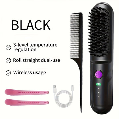 Wireless Hair Straightener Comb - Portable Cordless Straightening Brush with 3-Min Fast Heat, 3 Temp Settings 170-190°C, Negative Ion Technology, 3D Comb Design, Lightweight Travel Hair Straightener