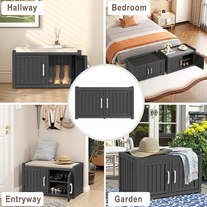 Shoe Storage Bench with Hidden Cabinet Entryway Bench All-Weather Resin Indoor Outdoor Porch Patio Mudroom Hallway Organizer