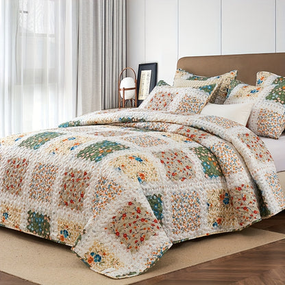 Quilt Set 2 3 Piece Lightweight Floral Patchwork Coverlet Bedding Set with Pillow Shams, Boho Quilted Bedspread for Twin Full Queen King, All Season Soft Cozy Bed Cover Green Blue Pink Grey