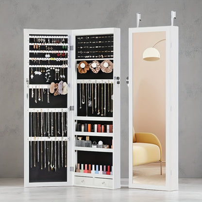 Jewelry Armoire Floor Standing 47.2" Full-Length Mirror Cabinet with 6 LED Lights Dual Lock, Jewelry Organizer for Necklaces Earrings Rings Bracelets, Bedroom Closet Storage 4 Colors