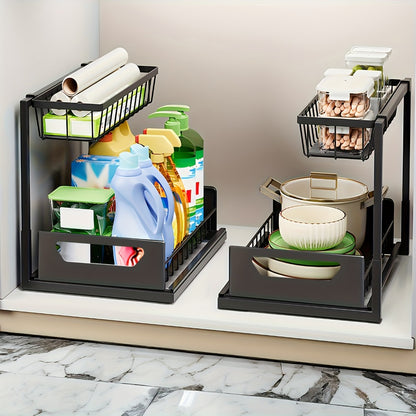 2-Tier Pull-Out Cabinet Organizer Metal Sliding Drawer, Kitchen Sink Storage Container for Bathroom Tabletop Study, Push-Pull Stackable Organizer for Kitchen Bathroom Cabinet