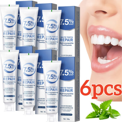 Hydroxyapatite Whitening Toothpaste 6 Pack - 7.5% Nano Deep Cleaning Gentle Non-Irritating Mint Fresh Breath Toothpaste for Sensitive Teeth, Daily Oral Care, Family & Travel Set