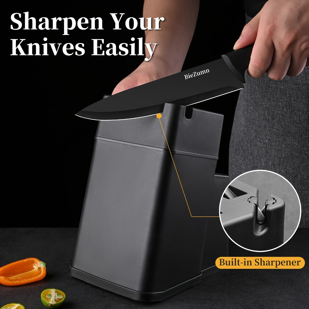 Kitchen Knife Set – 3-Piece & 14-Piece Multi-Purpose Chef’s Knife, Steak Knife, Fruit Knife & Scissors with Storage Block, Black