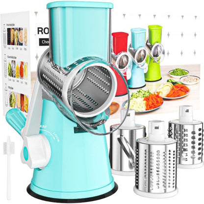 Rotary Cheese Grater with Hand Crank – 3 Interchangeable Blades for Cheese, Vegetables & Nuts, Non-Slip Suction Base, Includes Cleaning Brush – Manual Cheese Shredder for Kitchen (6 Colors)