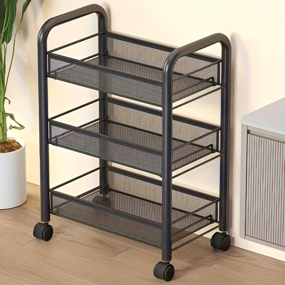 Rolling Storage Cart on Wheels – 3/4/5 Tier Carbon Steel Wire Basket Trolley, Black Metal Utility Cart for Kitchen, Bathroom, Bedroom, Office & Living Room, Space-Saving Detachable Shelving Unit