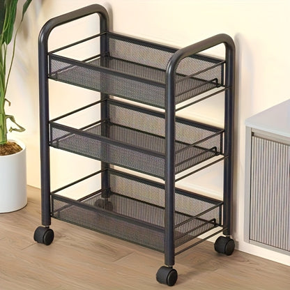 Rolling Storage Cart on Wheels – 3/4/5 Tier Carbon Steel Wire Basket Trolley, Black Metal Utility Cart for Kitchen, Bathroom, Bedroom, Office & Living Room, Space-Saving Detachable Shelving Unit