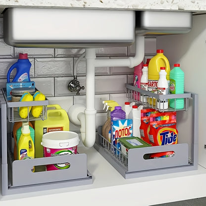 Under Sink Organizer Pull Out, 2-Tier Slide Out Cabinet Organizer with Adjustable Shelves, Under Sink Storage Rack for Kitchen Bathroom Cabinet Organization