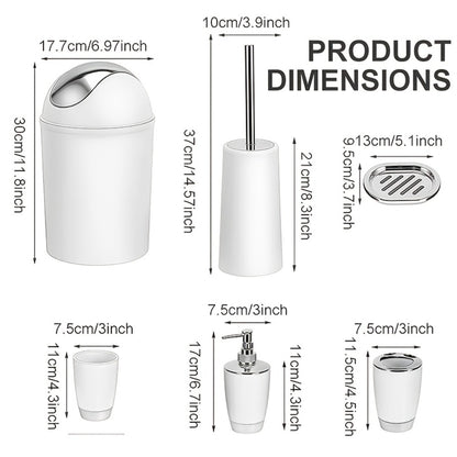 Bathroom Accessory Set 7 Piece - Luxury Modern Complete Bath Set with Trash Can Toilet Brush Lotion Dispenser Soap Dish Mouthwash Cup Toothbrush Holder | Space Saving Easy Clean Housewarming Gift 7 Colors