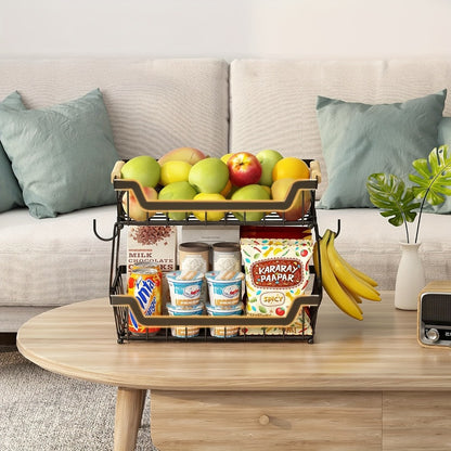 Fruit Basket with Banana Hanger, 2-3 Tier Metal Countertop Organizer with Wooden Handle — Detachable Kitchen Storage Stand for Fruits, Vegetables & Bread | Large Capacity | Black