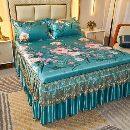Floral Ruffle Bed Skirt Cool Mat 3 Piece Set with Pillowcase, Double Layer 360° Full Wrap Washable Cooling Mattress Cover, Breathable Summer Bedding Set for Twin Full Queen King, Parisian Romantic Floral