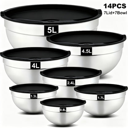 Stainless Steel Mixing Bowls with Airtight Lids Set of 14 Seven Nesting Bowls 0.7 to 4.5QT for Mixing Serving Salad Food Prep Kitchen Storage