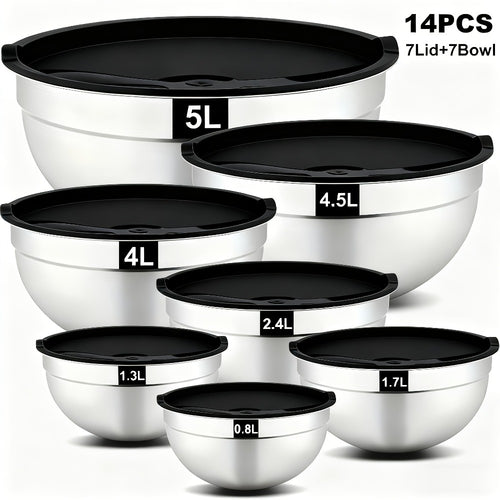 Stainless Steel Mixing Bowls with Airtight Lids Set of 14 Seven Nesting Bowls 0.7 to 4.5QT for Mixing Serving Salad Food Prep Kitchen Storage