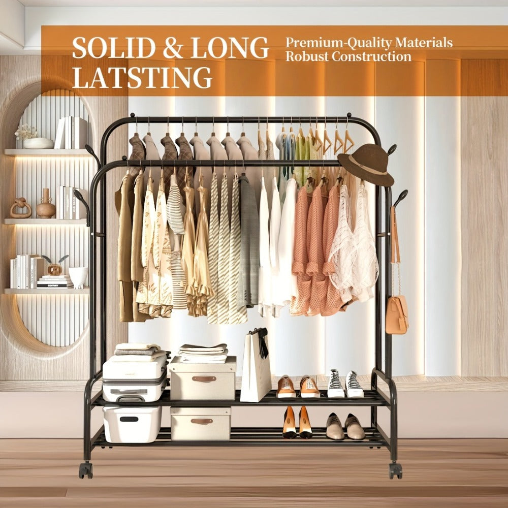 Double Rod Clothes Rack with Wheels Metal Heavy Duty Garment Rack with Shelves and Hooks Portable Closet Organizer for Bedroom Living Room Gold