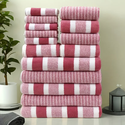 Coral Fleece Towel Set 9 or 15 Piece No Hair Loss 320GSM - Super Soft Absorbent Two-Color Striped | 2 Bath 2 Face 5 Hand Towels | Gray Brown Red Green Blue Mixed | Bathroom Beach Essentials