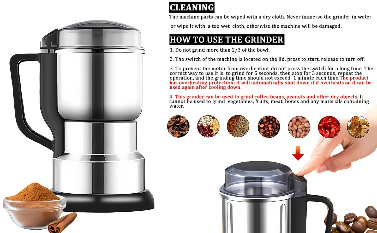 Electric Spice Grinder 300W – Multifunctional 304 Stainless Steel Coffee Bean Herb Seasoning Grain Grinder Machine for Kitchen, Large Capacity, Powerful & Fast
