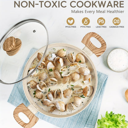 Nonstick Stock Pot Granite Soup Pot with Lid Induction Compatible Aluminum PFOA Free Stay Cool Handle for Soup Stew Pasta Seafood Curry 5qt 6qt 8qt 10qt Black White