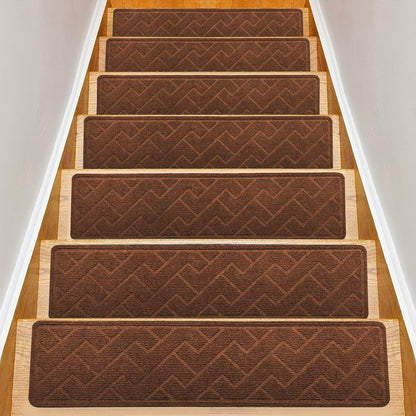 Non-Slip Stair Treads 15pcs 8"x30" Self-Adhesive Carpet Pads for Wooden Steps – Washable Polyester Indoor Stair Mats for Safety, Anti-Slip Step Covers in Multiple Colors