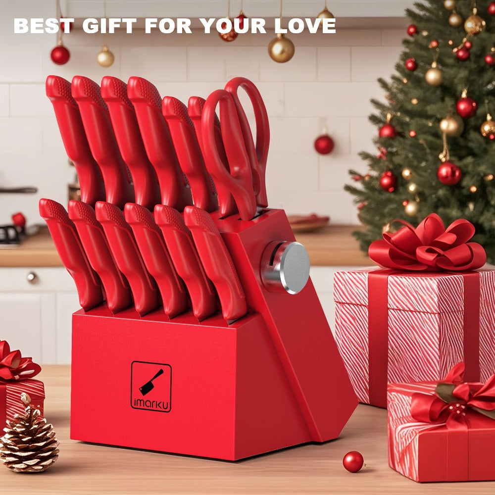 Kitchen Knife Set with Block 14pcs – Japanese 420 Stainless Steel, Built-in Sharpener, Non-Slip Ergonomic Handle, Dishwasher Safe – Professional Chef Knife Set for Home & Restaurant