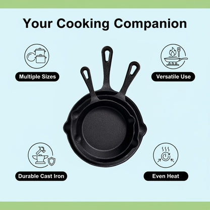Cast Iron Skillet Set Uncoated Frying Pan with Drip Spout Heavy Duty Pre-Seasoned Cookware for Frying Stir-Frying Baking Stovetop Oven Safe 3 4 5 Piece
