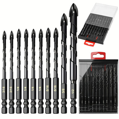 Masonry Drill Bits Set 10pcs – Tungsten Carbide Tip Drill Bits for Tile, Brick, Glass, Ceramic, Concrete, Plastic & Wood | Multi-Material Heavy-Duty Drill Bit Kit for Home Improvement & DIY Projects