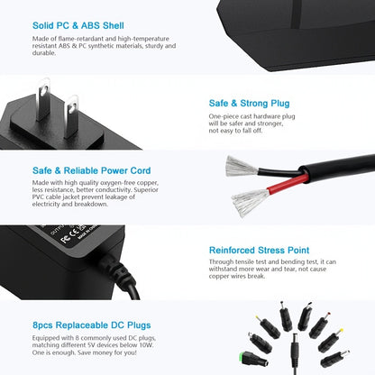 Universal 5V 2A Power Adapter 9-in-1 with 8 Tips - AC/DC 10W Power Supply Type-C Micro-USB Barrel Connectors for Router CCTV LED Strip TV Box