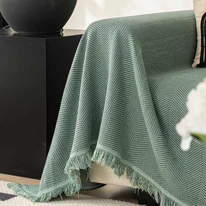 Herringbone Sofa Throw Cover with Tassels Jacquard Woven Solid Color Washable Polyester Sofa Blanket Slipcover for 3 4 Seater Couch Living Room - Grey Coffee Green Blue