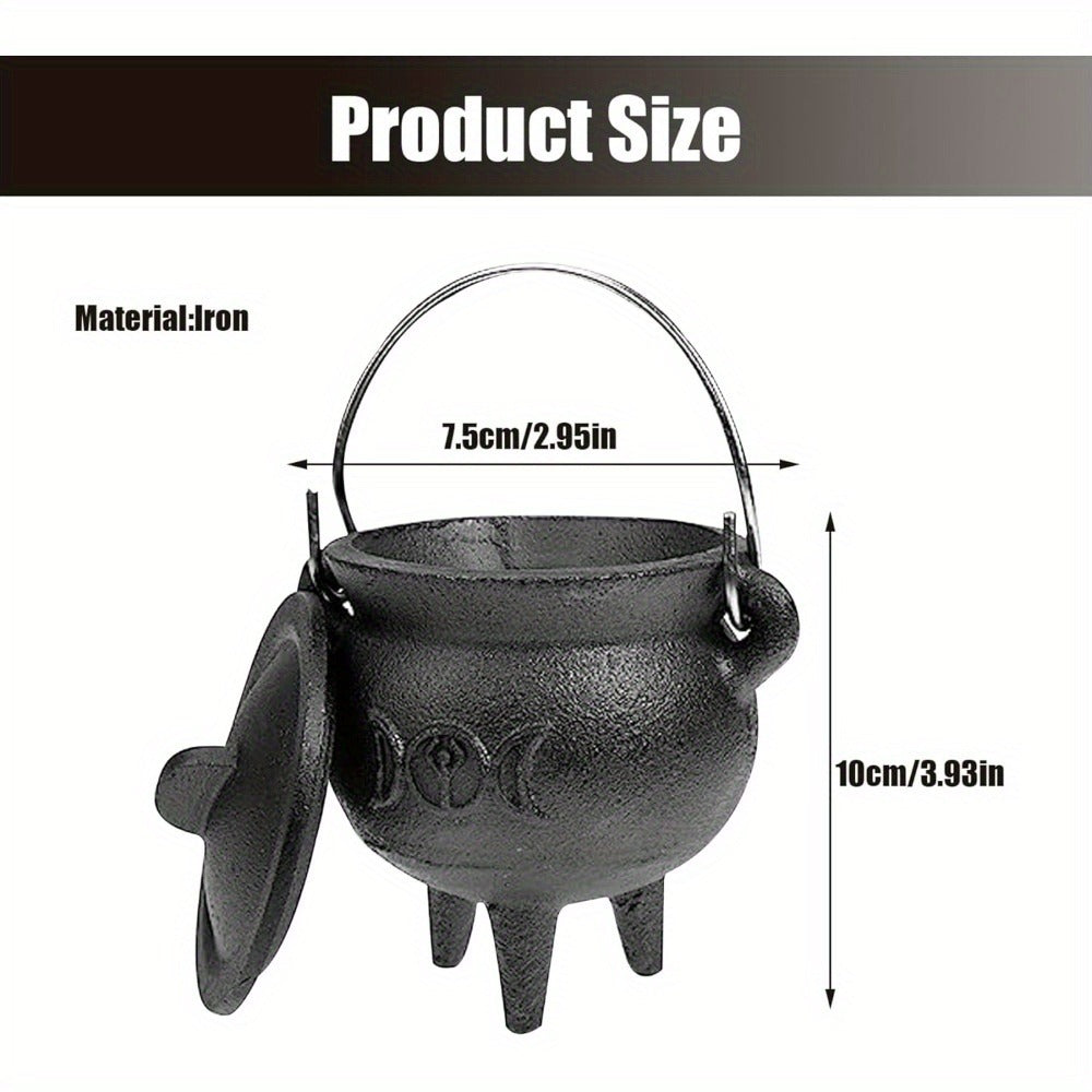 Cast Iron Cauldron with Lid & Handle – Witchcraft Incense Burner, Spell Ritual Pot, Halloween Decor, Pentagram & Triple Moon Styles, Pagan Altar Cauldron