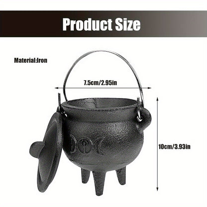 Cast Iron Cauldron with Lid & Handle – Witchcraft Incense Burner, Spell Ritual Pot, Halloween Decor, Pentagram & Triple Moon Styles, Pagan Altar Cauldron