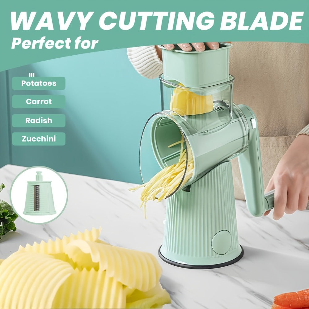 Rotary Cheese Grater with Interchangeable Blades – 5-in-1 Manual Vegetable Slicer Shredder Set, Suction Cup Base, Easy to Clean, Multifunctional Kitchen Tool for Fruits, Vegetables & Nuts