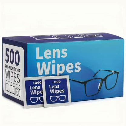 Lens Wipes Pre-Moistened 500 Count - Individually Wrapped Eyeglass Cleaning Wipes Scratch-Free Streak-Free for Glasses Sunglasses Camera Lenses Phone Screens Optical Cleaner Wipes Bulk Pack