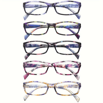 Reading Glasses 5 Pack for Women and Men Blue Light Blocking Readers Rectangular Spring Hinge Frame Anti Eyestrain Computer Reading Glasses Lightweight Fashionable Multi-Color Set Magnification 1.0 to 4.0