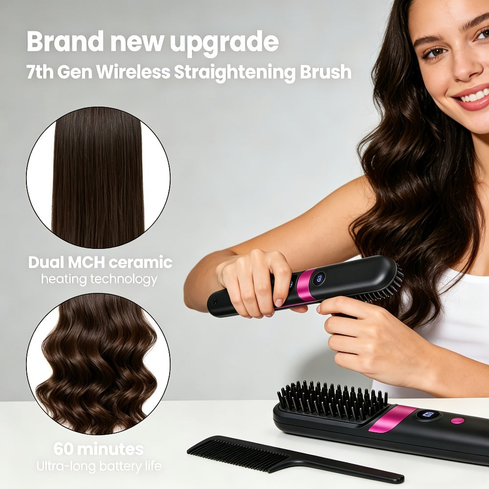 Wireless Hair Straightener Comb USB Rechargeable | Cordless Straightening Brush with Negative Ion, 3-Speed Temp Control, LED Display – Travel Hair Styler