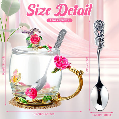 Flower Glass Tea Cups with Lids and Spoon Set of 4 – Butterfly Floral Vintage Clear Glass Mugs 11oz, Fancy Teacup Gift Set for Women Mom Wife Girlfriend, Pink Purple Blue Red